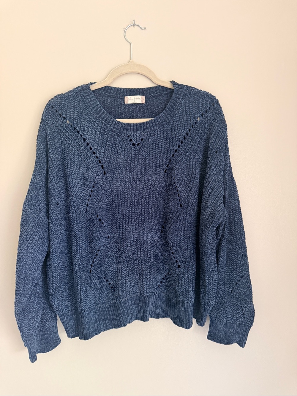 NWOT Altar'd State Blue Open-Stitch Crew Sweater, size large